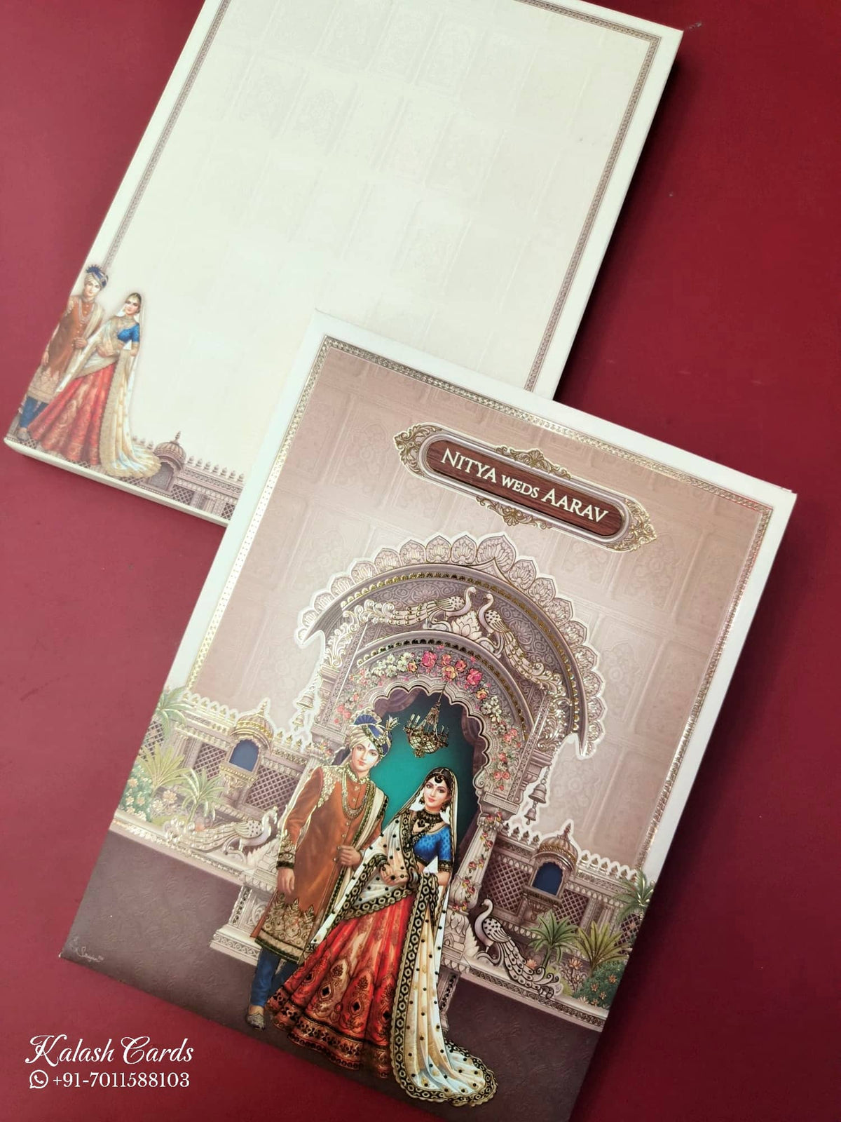 KLB891 Dulha Dulhan Design Creme Brown Color Premium 3D Gold Foil Hardboard Padding Thick Wedding Card (2 Page & Couple Name Wooden Plate)-Kalash Cards
