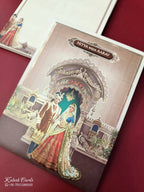 KLB891 Dulha Dulhan Design Creme Brown Color Premium 3D Gold Foil Hardboard Padding Thick Wedding Card (2 Page & Couple Name Wooden Plate)-Kalash Cards