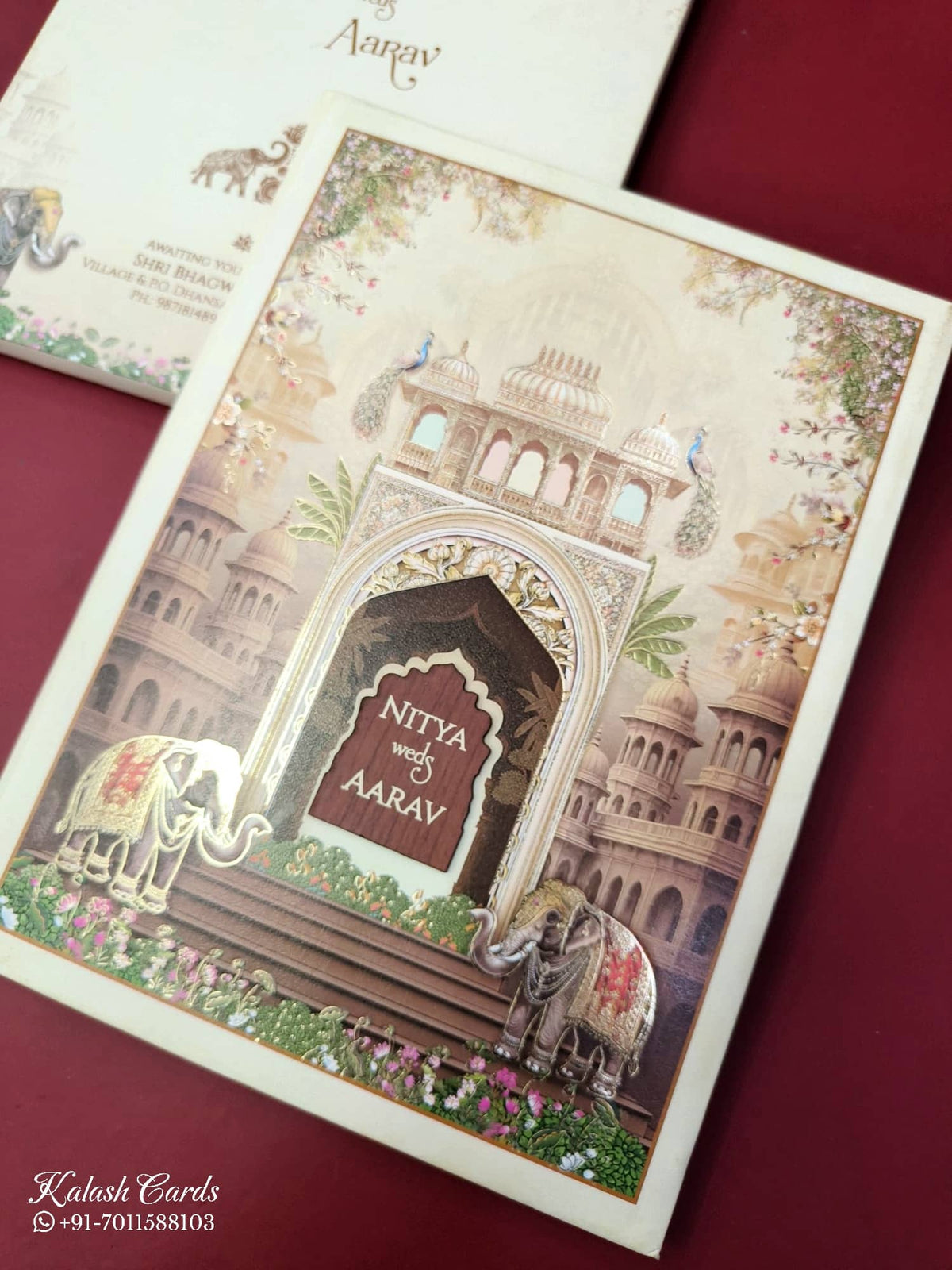 KLB892 Royal Fort Elephant Design Brown Color Hardboard Padding Thick Wedding Card (2 Page & Couple Name Wooden Plate)-Kalash Cards