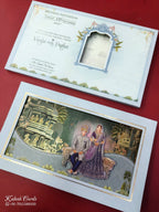 KLB896 Dulha Dulhan Design Blue Color Laser Cut Premium 3D Gold Foil Hardboard Padding Thick Wedding Card (2 Page)-Kalash Cards