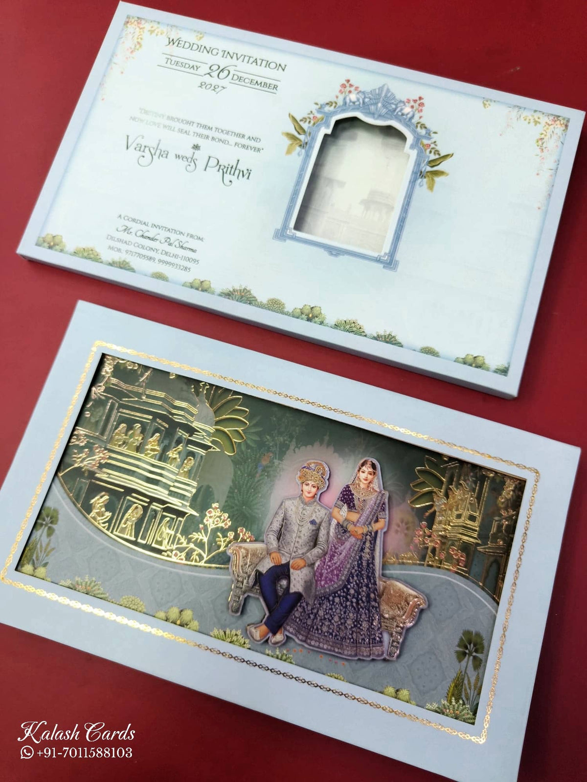 KLB896 Dulha Dulhan Design Blue Color Laser Cut Premium 3D Gold Foil Hardboard Padding Thick Wedding Card (2 Page)-Kalash Cards