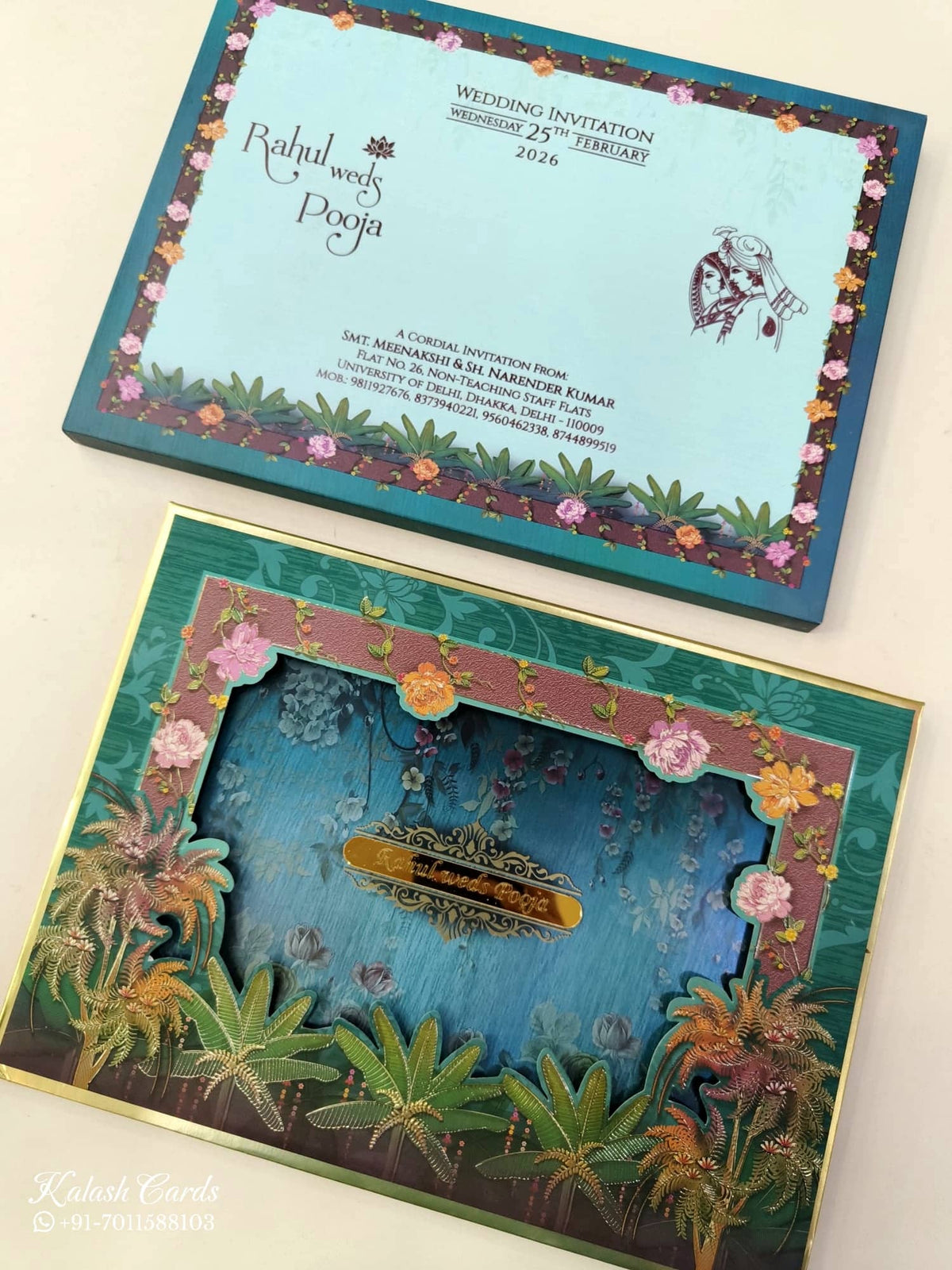 KLB899 Floral Design Blue Color Laser Cut Premium 3D Gold Foil Hardboard Padding Thick Wedding Card (2 Page & Couple Name Acrylic)-Kalash Cards
