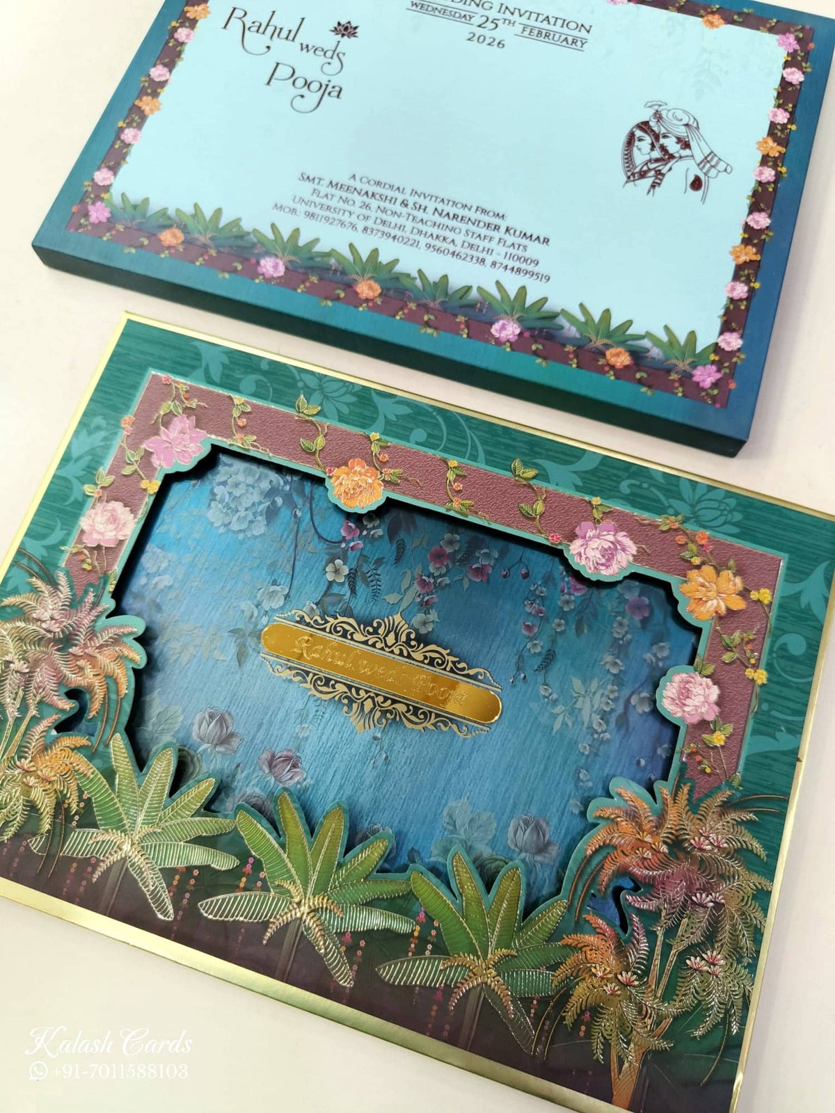KLB899 Floral Design Blue Color Laser Cut Premium 3D Gold Foil Hardboard Padding Thick Wedding Card (2 Page & Couple Name Acrylic)-Kalash Cards