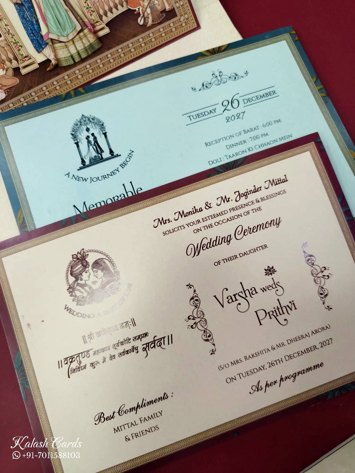 KLB900 Royal Fort Design Creme Maroon Color Premium 3D Gold Foil Hardboard Padding Thick Wedding Card (2 Page & Couple Name Wooden Plate)-Kalash Cards