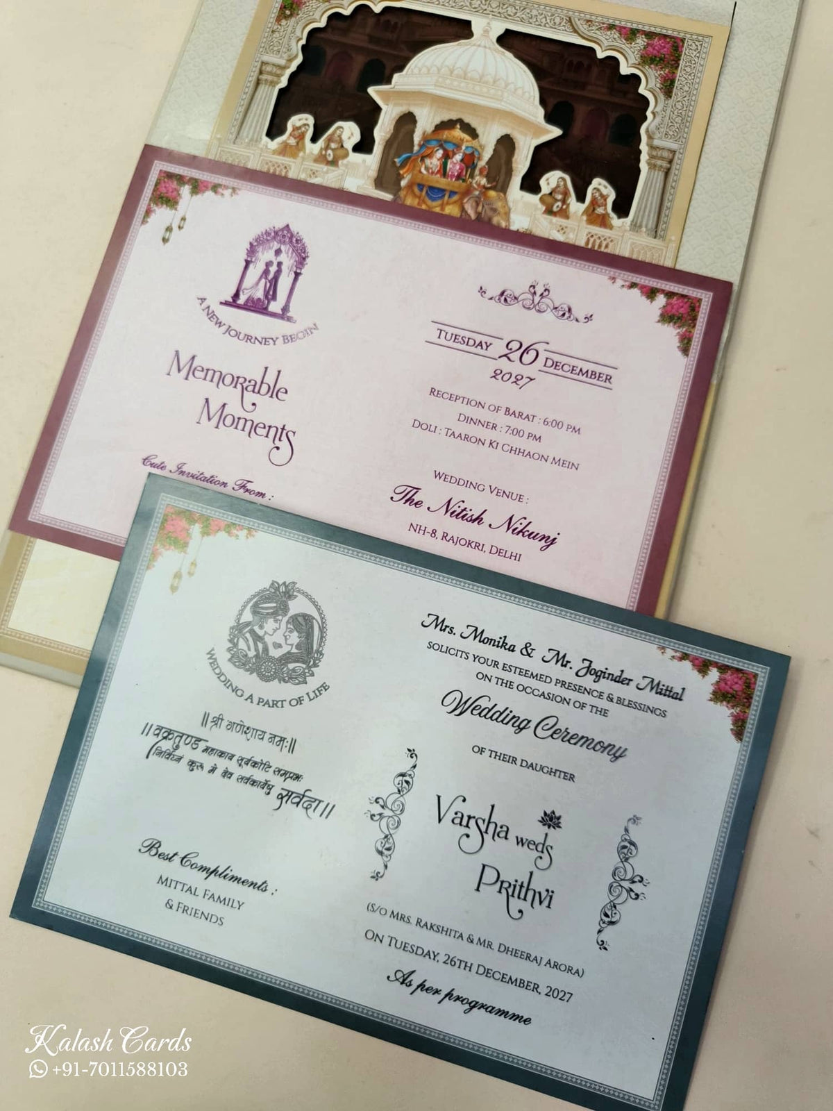 KLB901 Raja Rani Royal Fort Design Blue Color Premium 3D Gold Foil Hardboard Padding Thick Wedding Card (2 Page)-Kalash Cards