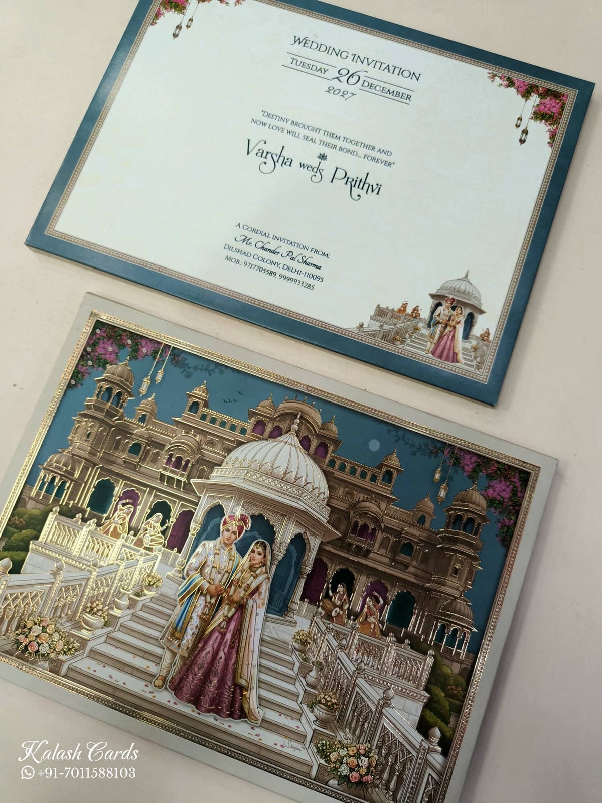 KLB901 Raja Rani Royal Fort Design Blue Color Premium 3D Gold Foil Hardboard Padding Thick Wedding Card (2 Page)-Kalash Cards