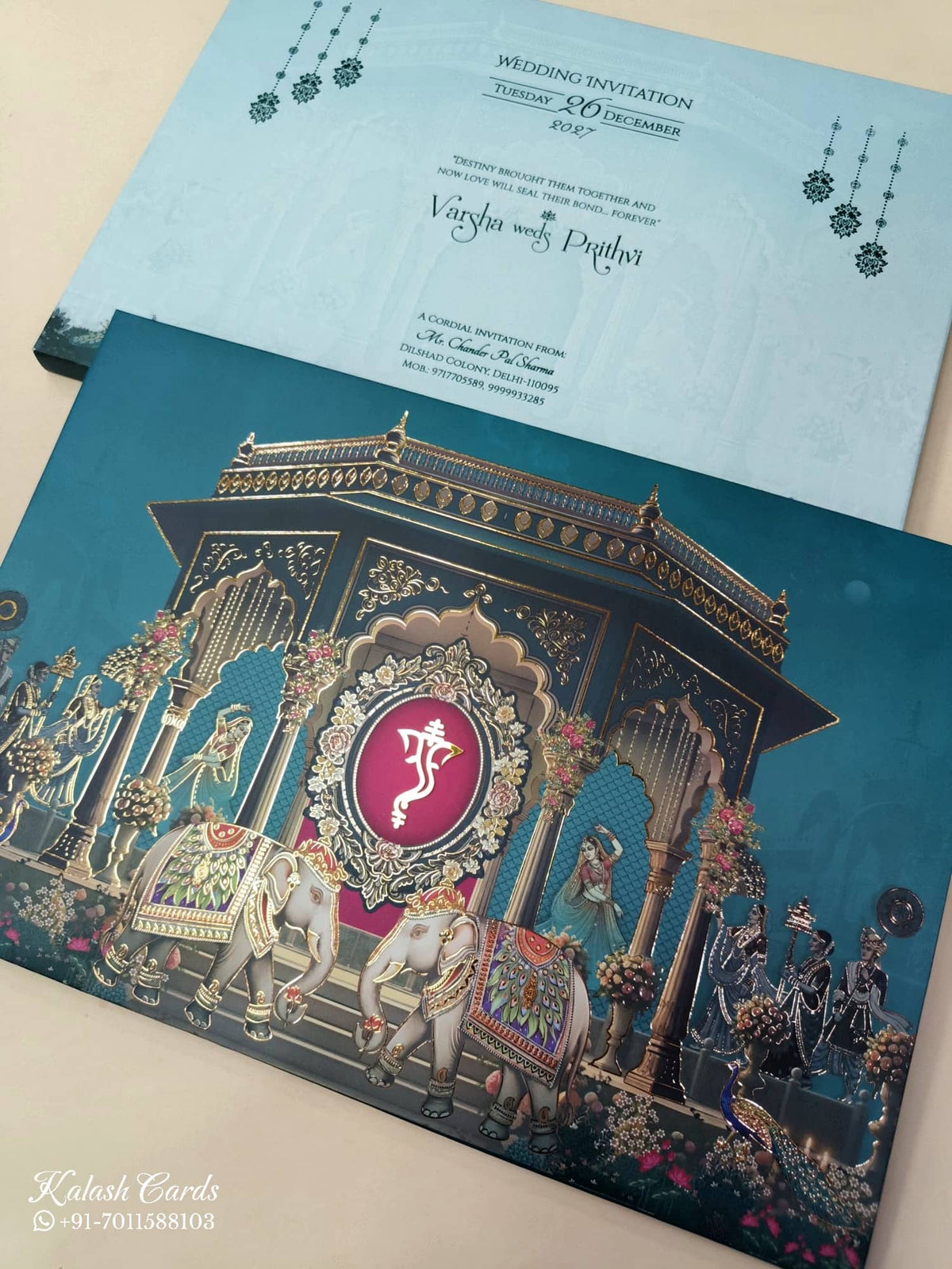 KLB902 Mandap Elephant Traditional Design Blue Color Premium 3D Gold Foil Hardboard Padding Thick Wedding Card (2 Page)-Kalash Cards