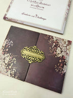 KLB906 Maroon Magenta Floral Door Style Padded Thick Wedding Card (2 Page & Couple Name Acrylic)-Kalash Cards