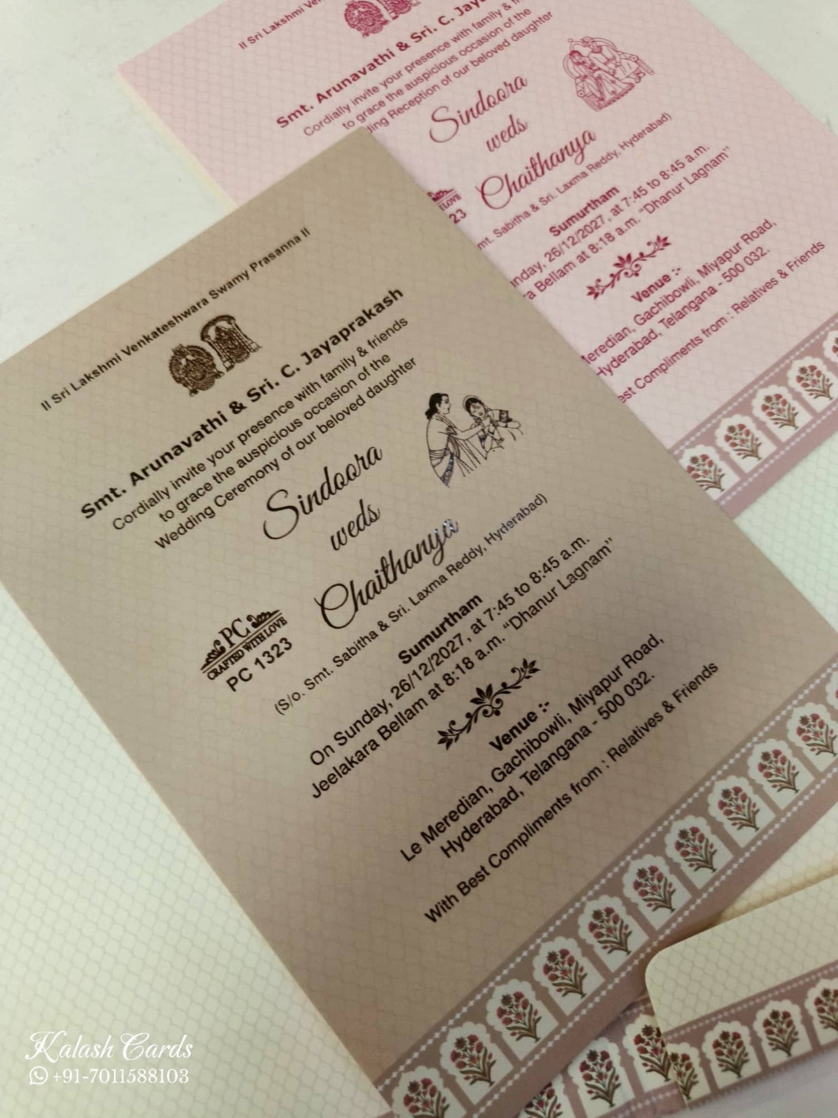 KLB908 Creme Brown Lotus Floral Peacock Padded Thick Wedding Card (2 Page & Couple Initial Wooden Plate)-Kalash Cards