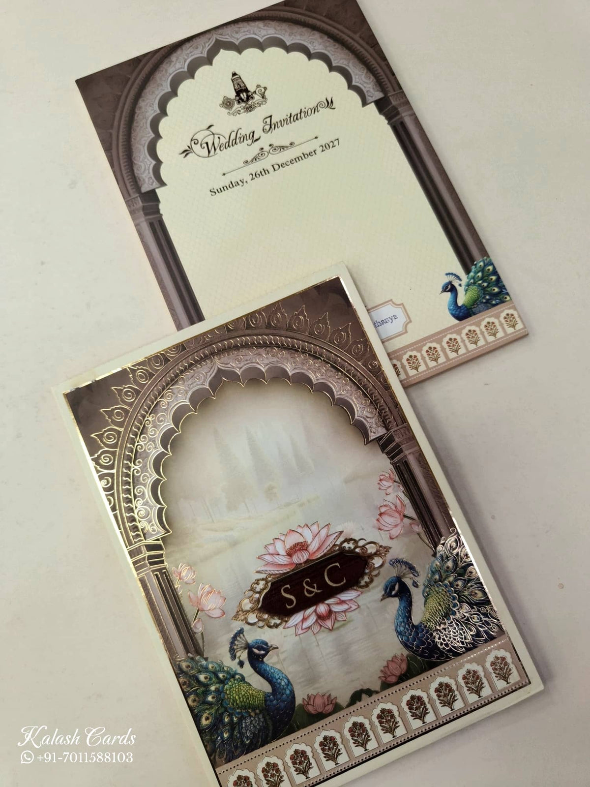 KLB908 Creme Brown Lotus Floral Peacock Padded Thick Wedding Card (2 Page & Couple Initial Wooden Plate)-Kalash Cards