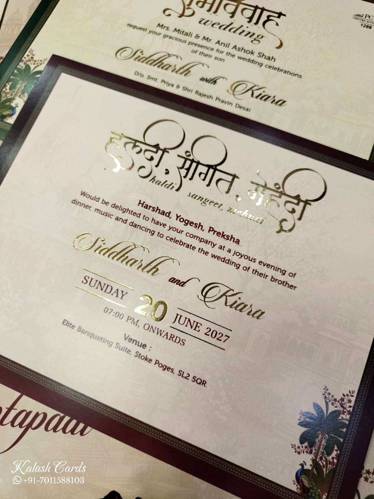 KLB912 Brown Royal Fort Barat Radha Krishna Laser Cut Padded Thick Wedding Card (2 Page & Couple Name Wooden Plate)-Kalash Cards