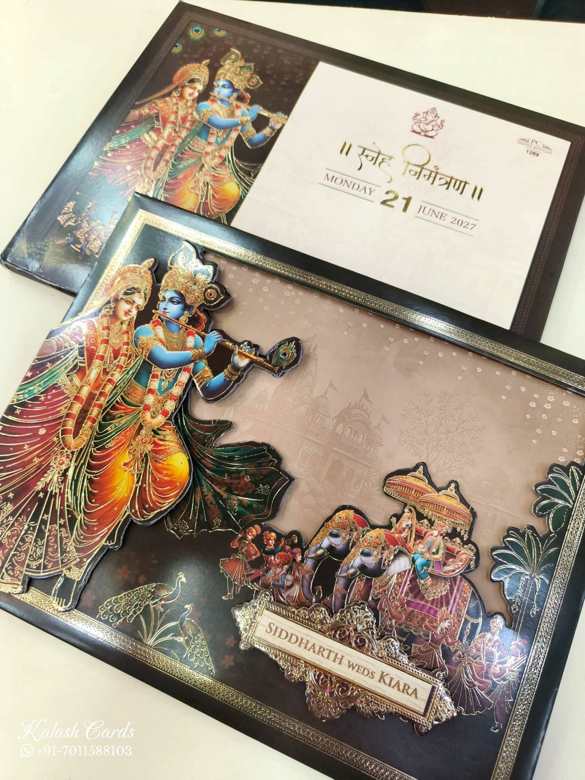 KLB912 Brown Royal Fort Barat Radha Krishna Laser Cut Padded Thick Wedding Card (2 Page & Couple Name Wooden Plate)-Kalash Cards