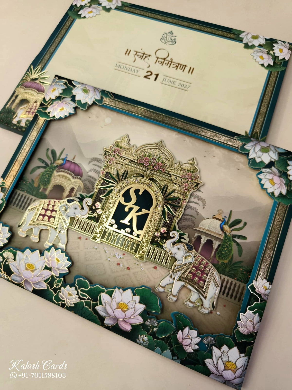 KLB913 Blue Green Royal Fort Elephant Laser Cut Padded Thick Wedding Card (2 Page & Couple Initial Acrylic)-Kalash Cards