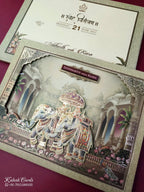 KLB914 Green Royal Fort Elephant Laser Cut Padded Thick Wedding Card (2 Page & Couple Name Wooden Plate)-Kalash Cards