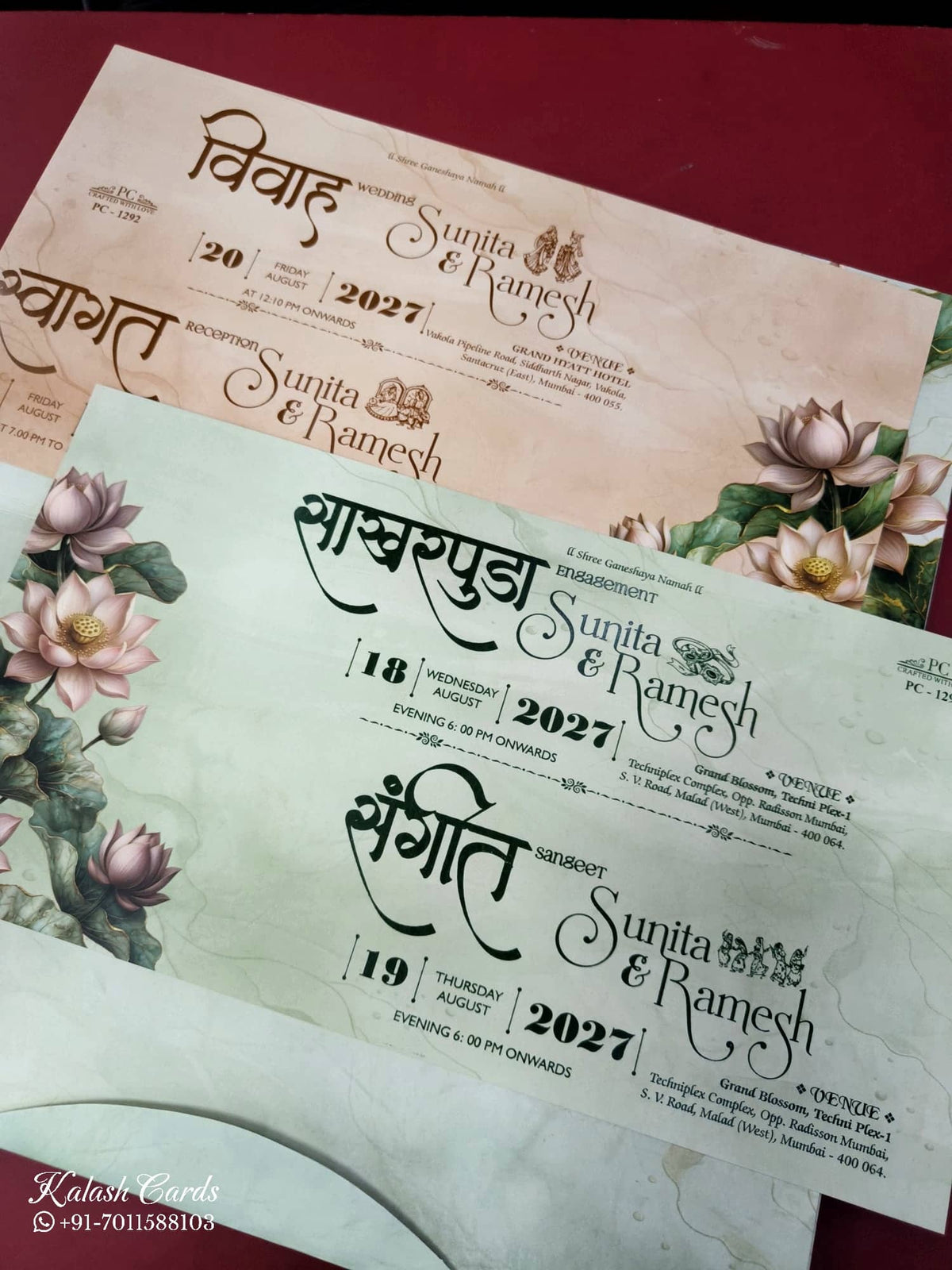 KLB915 Green Lotus Floral Padded Thick Wedding Card (2 Page & Couple Name Acrylic)-Kalash Cards