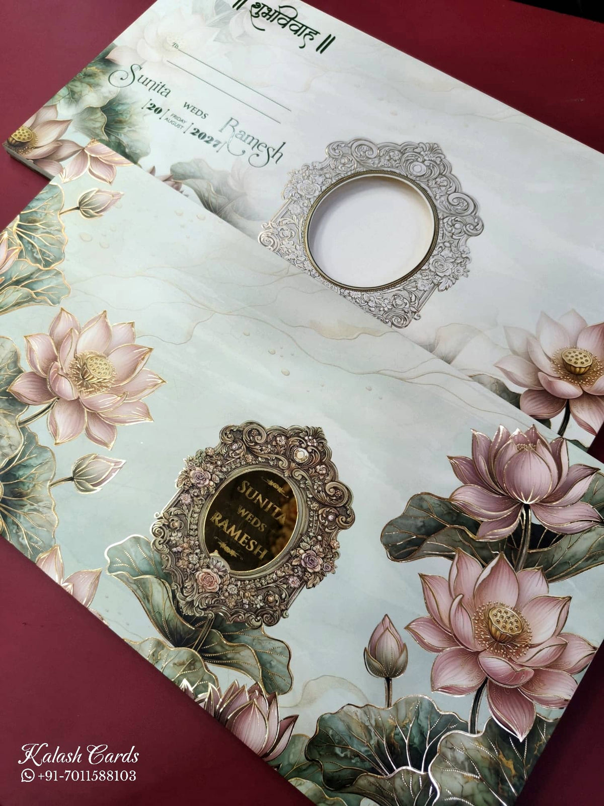KLB915 Green Lotus Floral Padded Thick Wedding Card (2 Page & Couple Name Acrylic)-Kalash Cards