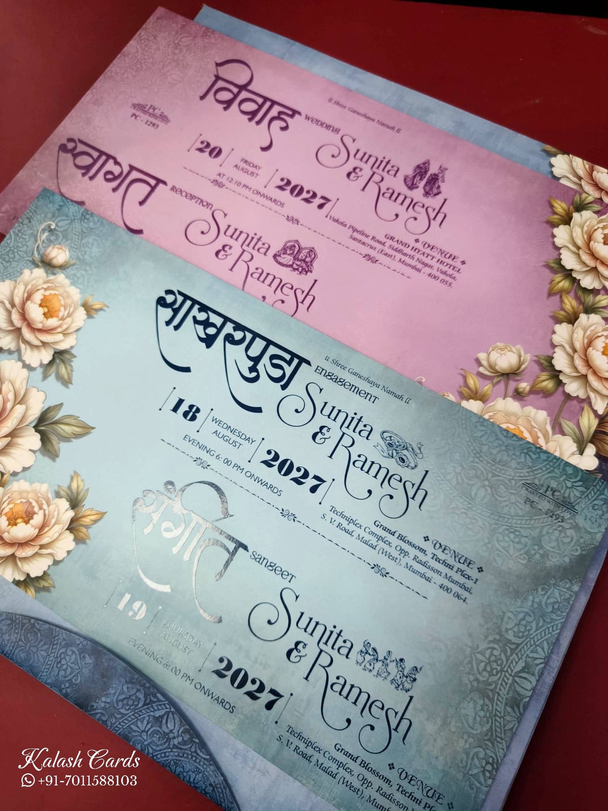 KLB916 Blue Rose Floral Padded Thick Wedding Card (2 Page & Couple Name Acrylic)-Kalash Cards