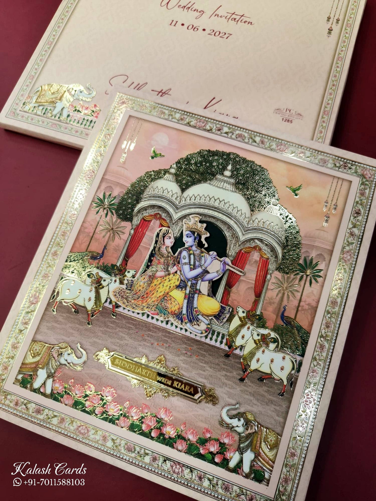 KLB918 Peach Pichwai Radha Krishna Padded Thick Wedding Card (2 Page & Couple Name Acrylic)-Kalash Cards