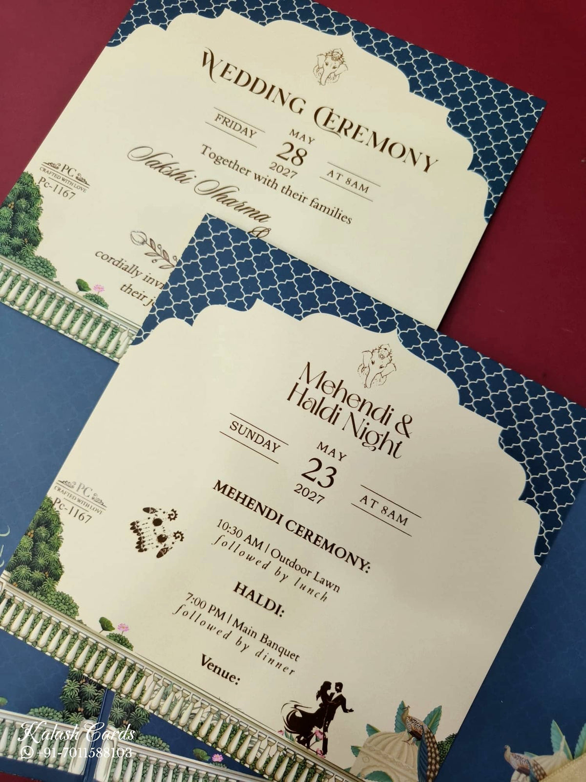 KLB919 Blue Royal Fort Padded Thick Wedding Card (2 Page & Couple Name Acrylic)-Kalash Cards