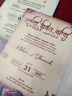 KLB923 Pink Purple Radha Krishna Padded Thick Wedding Card (2 Page & Couple Name Wooden Plate)-Kalash Cards
