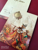 KLB924 Creme Brown Radha Krishna Padded Thick Wedding Card (2 Page & Couple Name Acrylic)-Kalash Cards