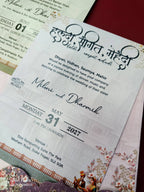 KLB925 Pink Raja Rani Royal Fort Padded Thick Wedding Card (2 Page & Couple Name Wooden Plate)-Kalash Cards