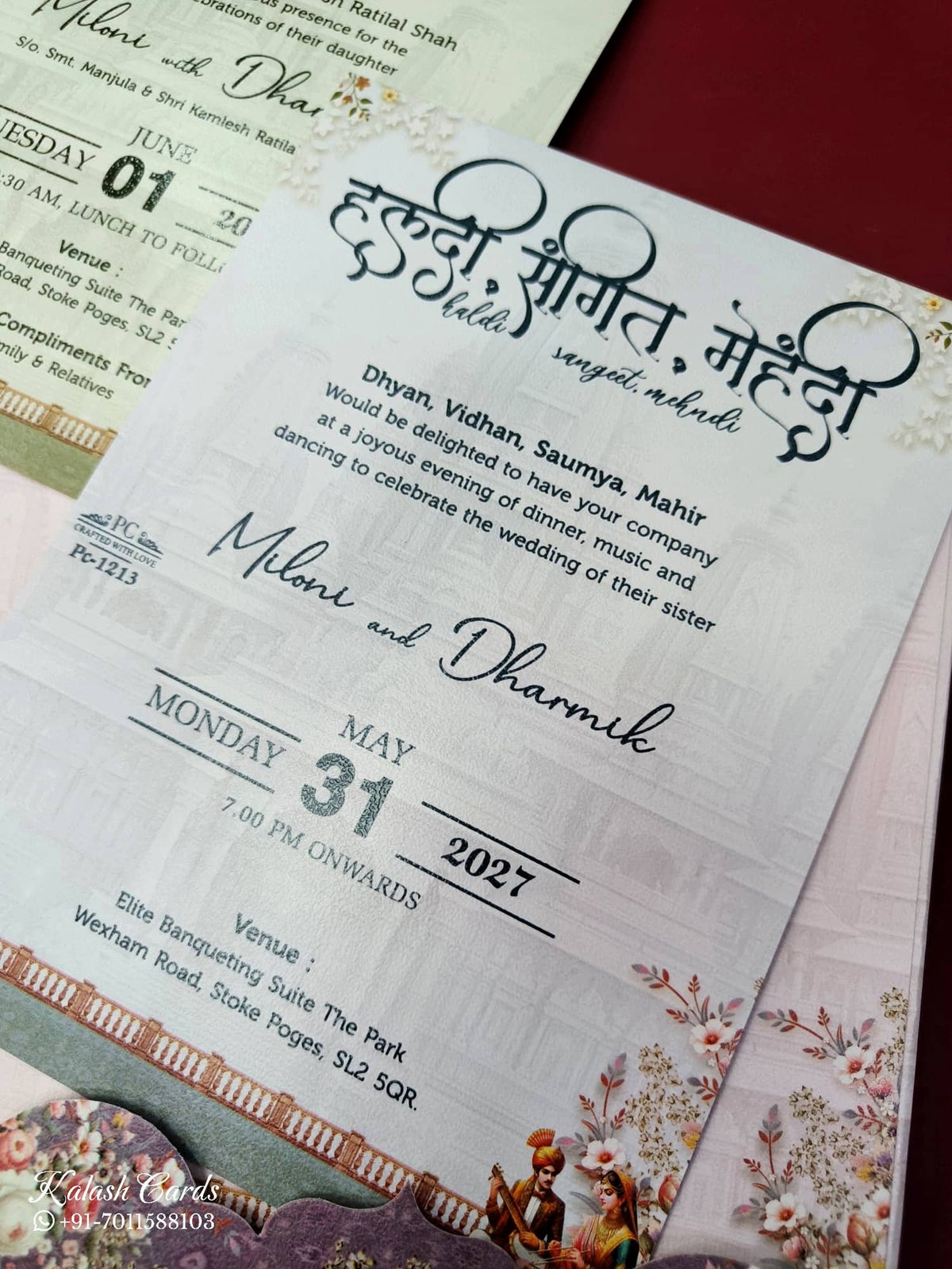 KLB925 Pink Raja Rani Royal Fort Padded Thick Wedding Card (2 Page & Couple Name Wooden Plate)-Kalash Cards