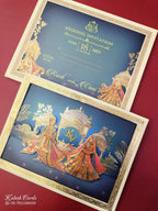 KLB928 Royal Blue Bride Groom Laser Cut Padded Thick Wedding Card (2 Page & Couple Initial Acrylic)-Kalash Cards