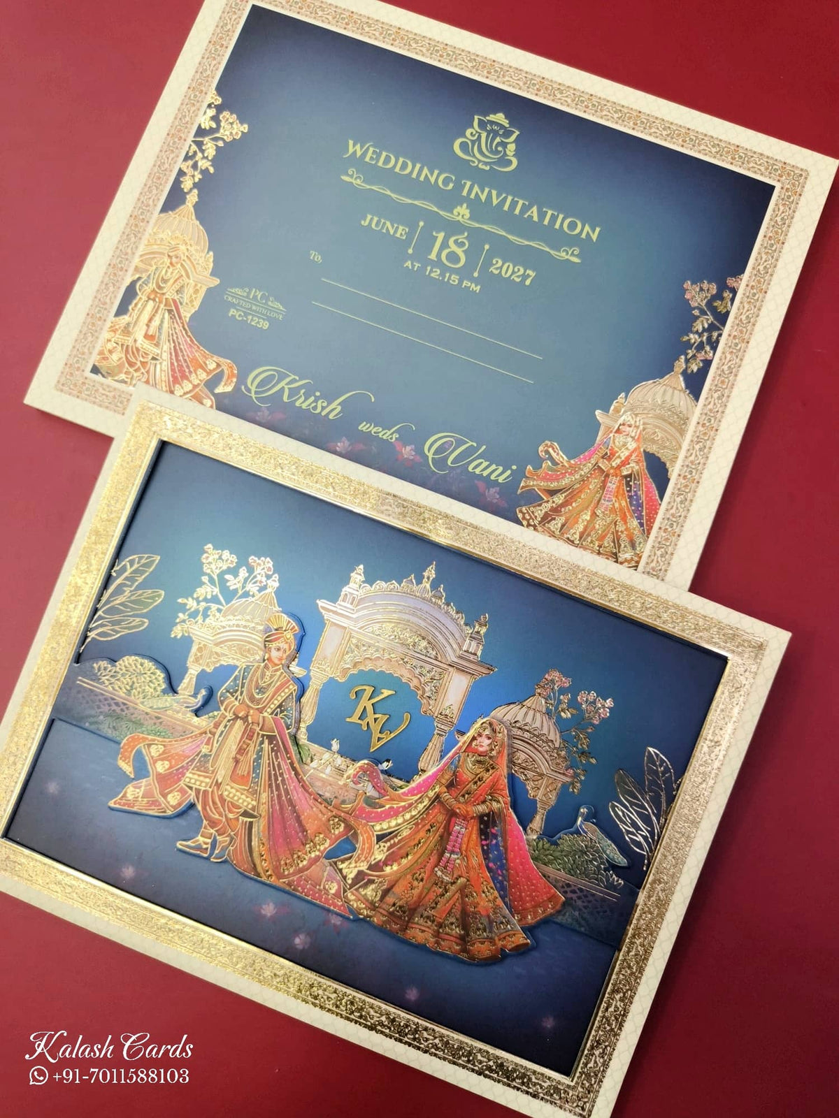 KLB928 Royal Blue Bride Groom Laser Cut Padded Thick Wedding Card (2 Page & Couple Initial Acrylic)-Kalash Cards