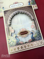 KLB930 Creme Brown Peacock Laser Cut Padded Thick Wedding Card (2 Page & Couple Name Wooden Plate)-Kalash Cards