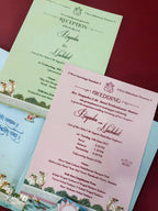 KLB933 Blue Bride Groom Royal Fort Pichwai Laser Cut Padded Thick Wedding Card (2 Page & Couple Initial Acrylic)-Kalash Cards