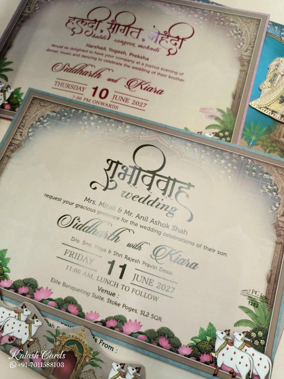 KLB935 Royal Blue Pichwai Radha Krishna Laser Cut Padded Thick Wedding Card (2 Page & Couple Name Wooden Plate)-Kalash Cards
