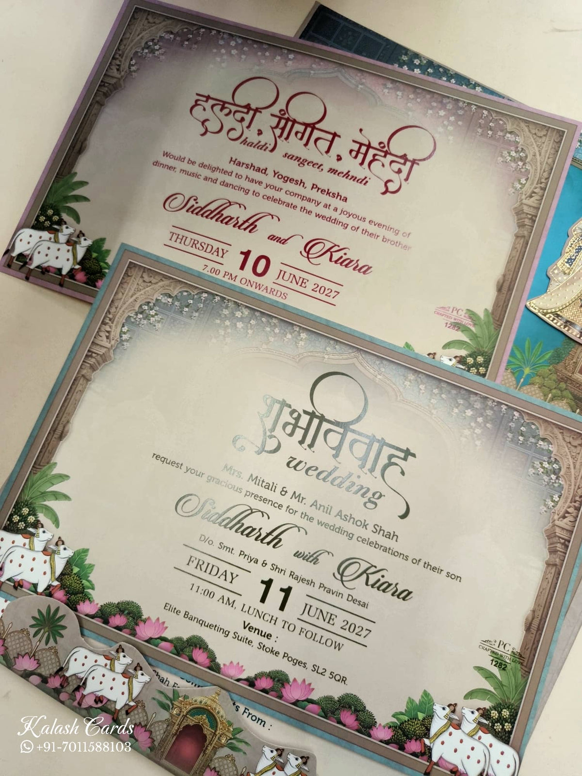 KLB935 Royal Blue Pichwai Radha Krishna Laser Cut Padded Thick Wedding Card (2 Page & Couple Name Wooden Plate)-Kalash Cards