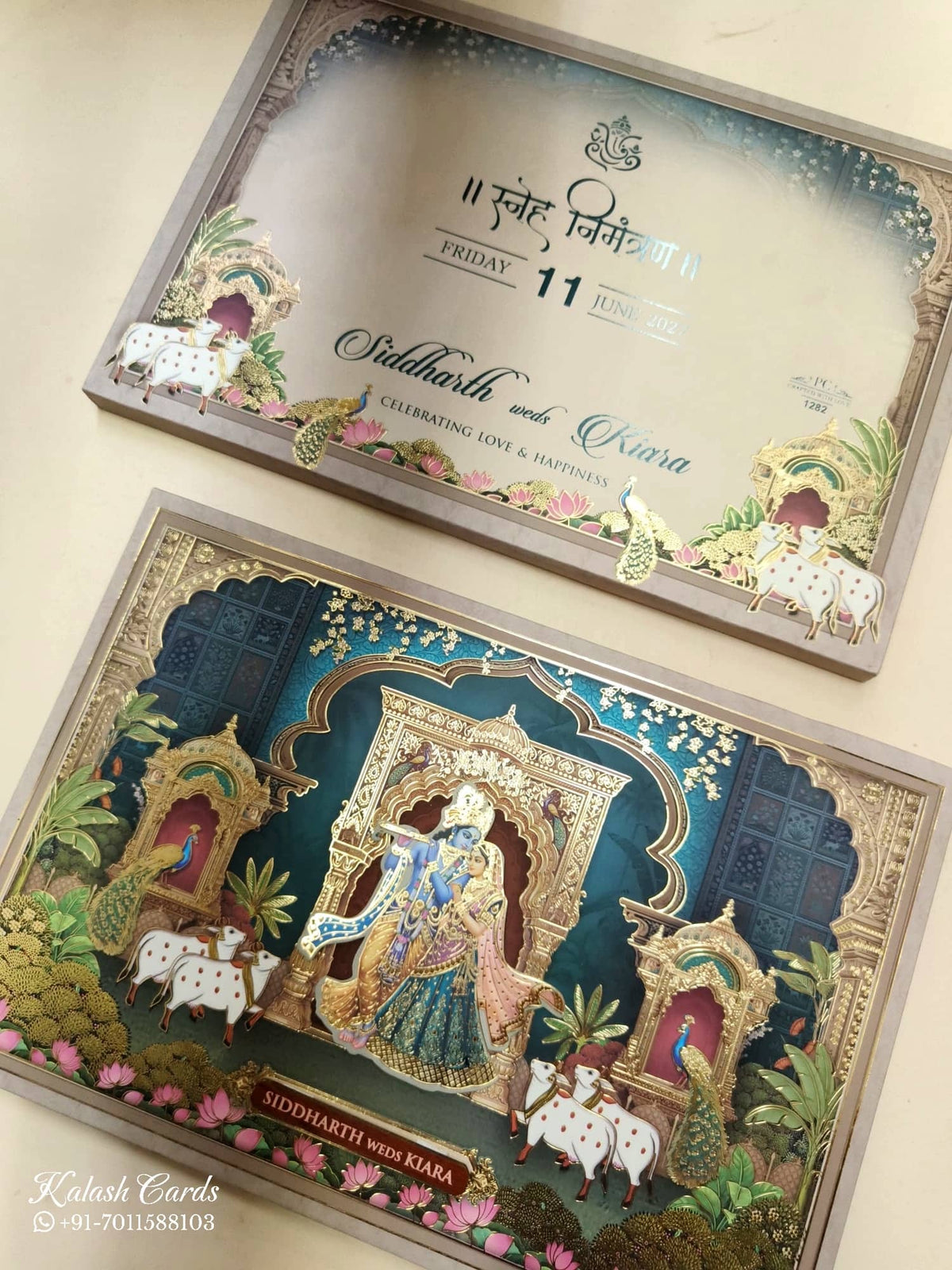 KLB935 Royal Blue Pichwai Radha Krishna Laser Cut Padded Thick Wedding Card (2 Page & Couple Name Wooden Plate)-Kalash Cards