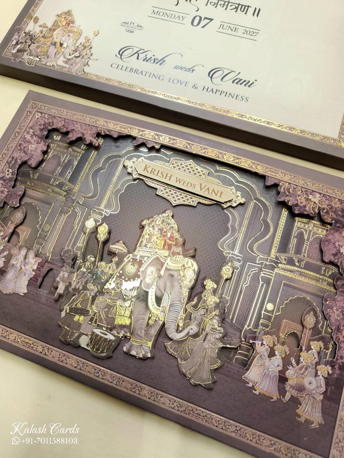 KLB936 Brown Elephant Barat Laser Cut Padded Thick Wedding Card (2 Page & Couple Name Wooden Plate)-Kalash Cards