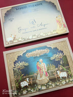 KLB937 Royal Blue Bride Groom Padded Thick Wedding Card (2 Page & Couple Name Wooden Plate)-Kalash Cards