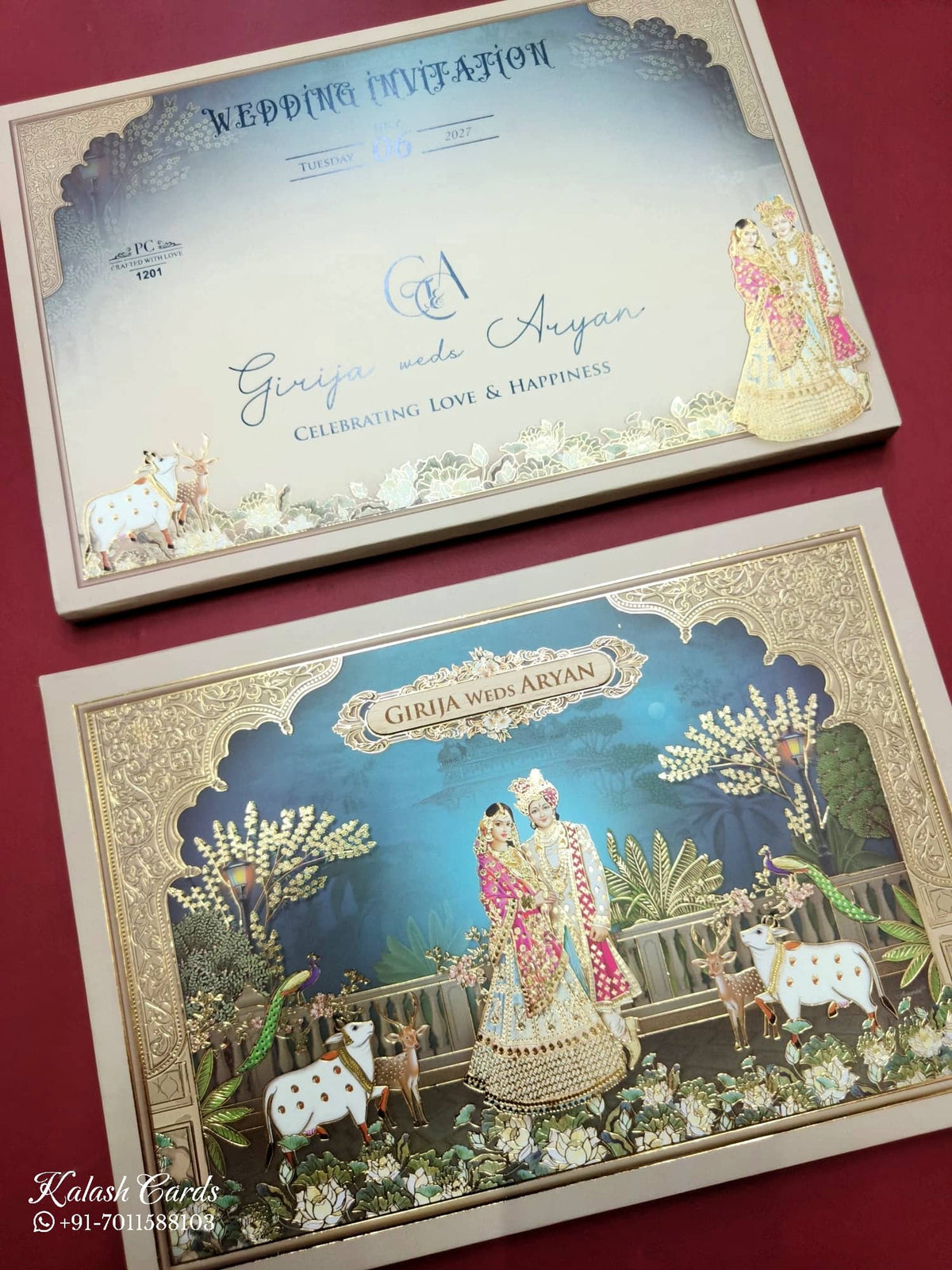 KLB937 Royal Blue Bride Groom Padded Thick Wedding Card (2 Page & Couple Name Wooden Plate)-Kalash Cards