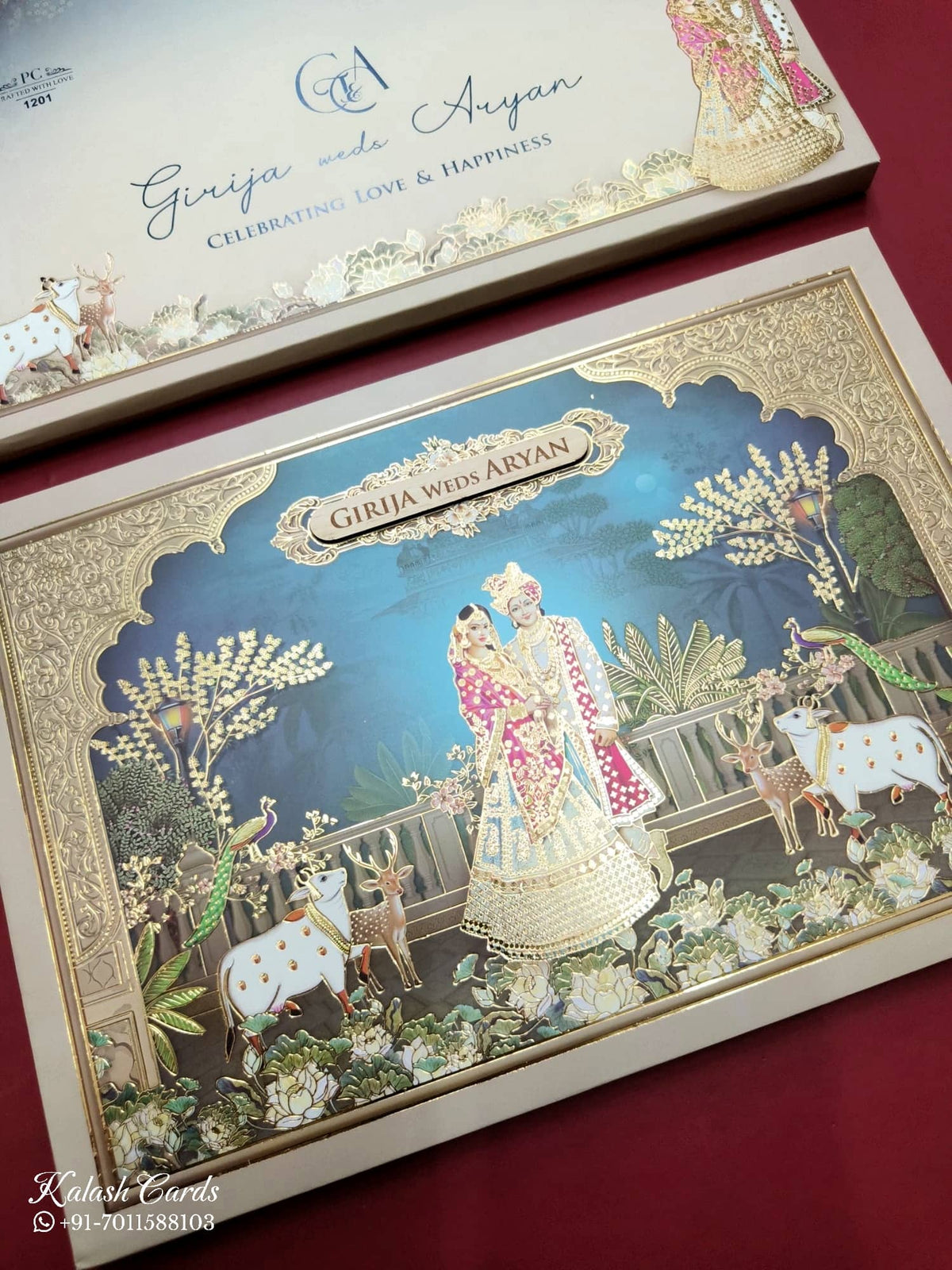 KLB937 Royal Blue Bride Groom Padded Thick Wedding Card (2 Page & Couple Name Wooden Plate)-Kalash Cards