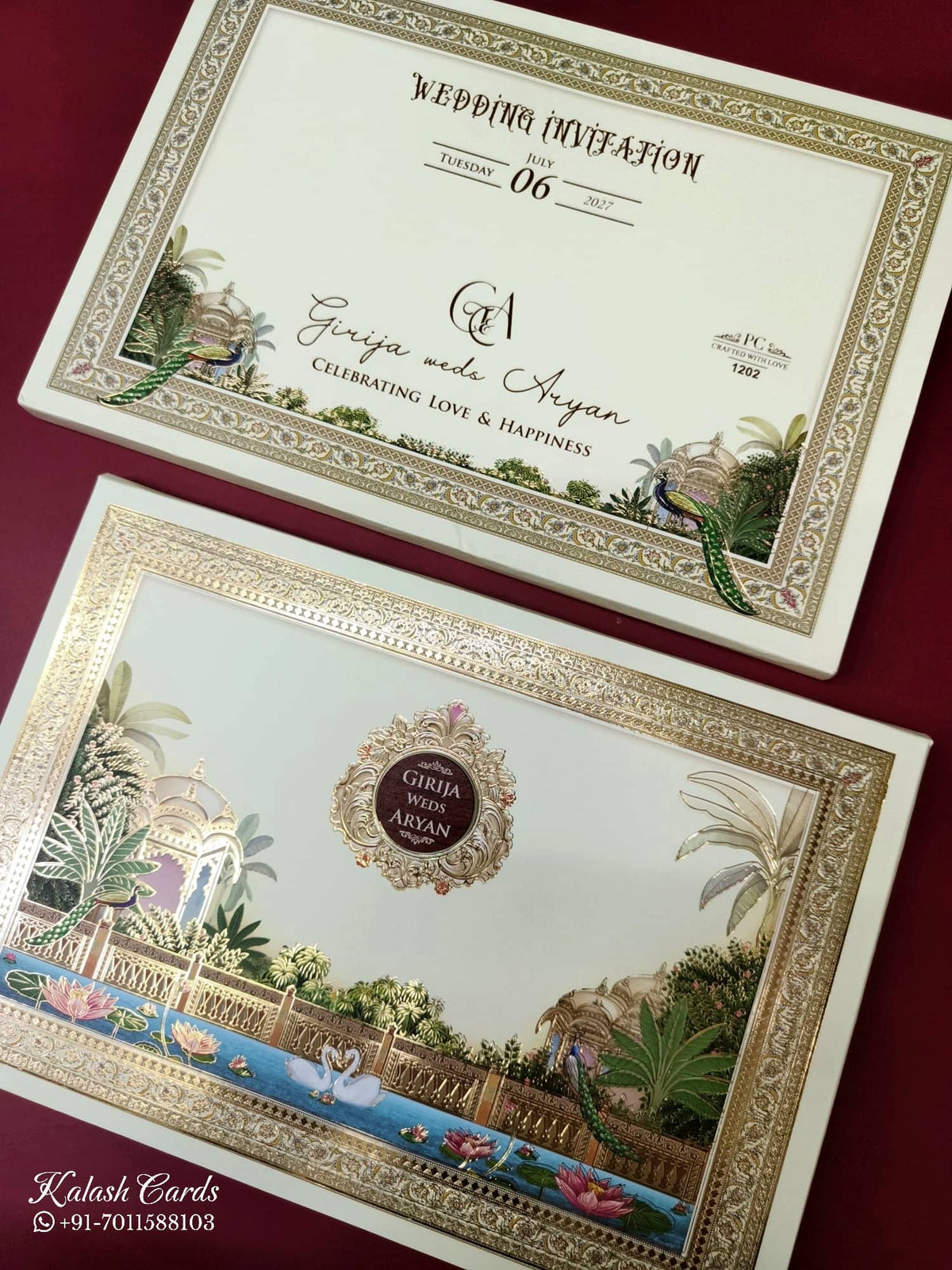 KLB938 Creme Royal Fort Padded Thick Wedding Card (2 Page & Couple Name Wooden Plate)-Kalash Cards