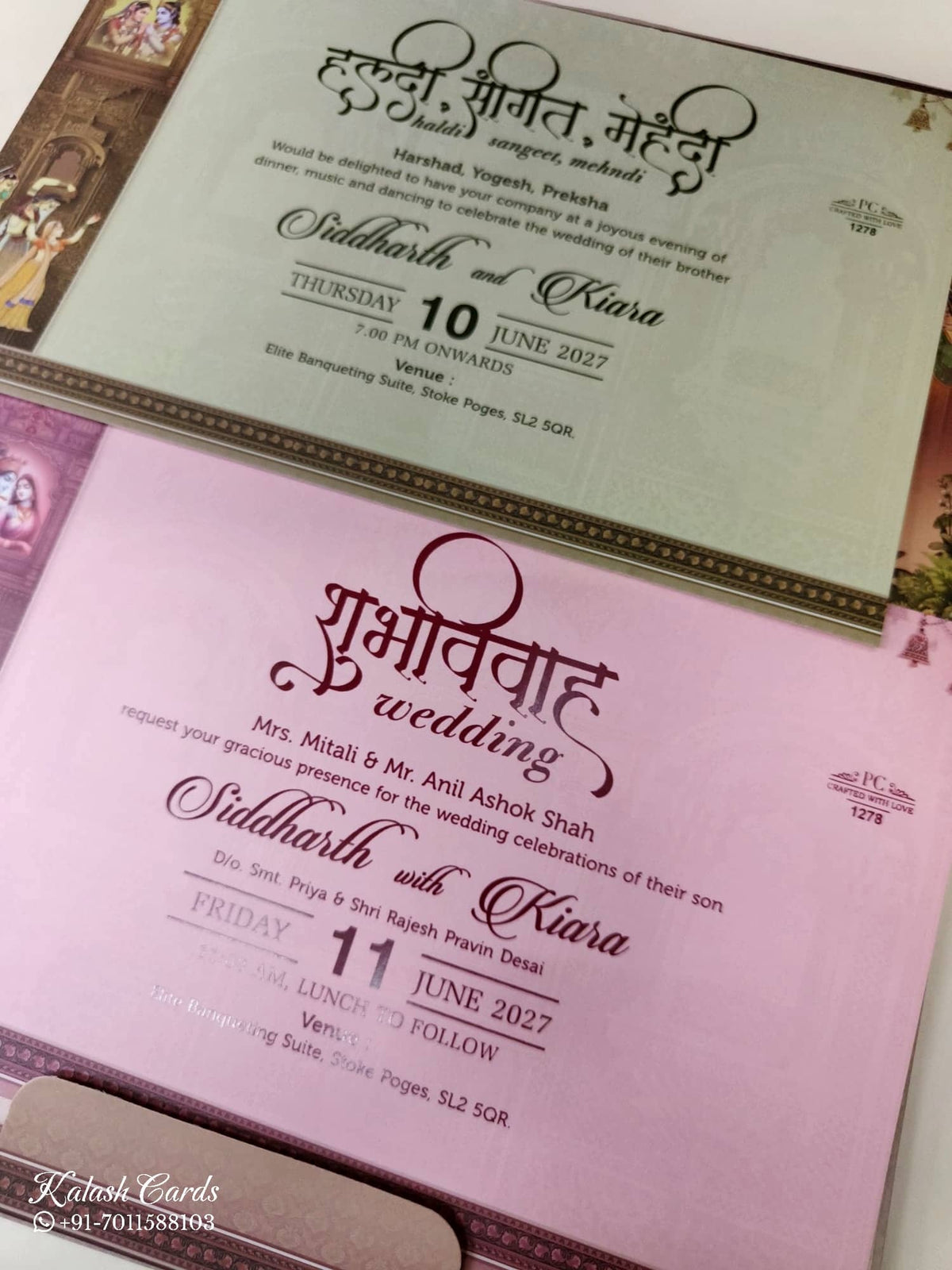 KLB943 Creme Brown Radha Krishna Ganesh Ji Padded Thick Wedding Card (2 Page & Couple Name Wooden Plate)-Kalash Cards