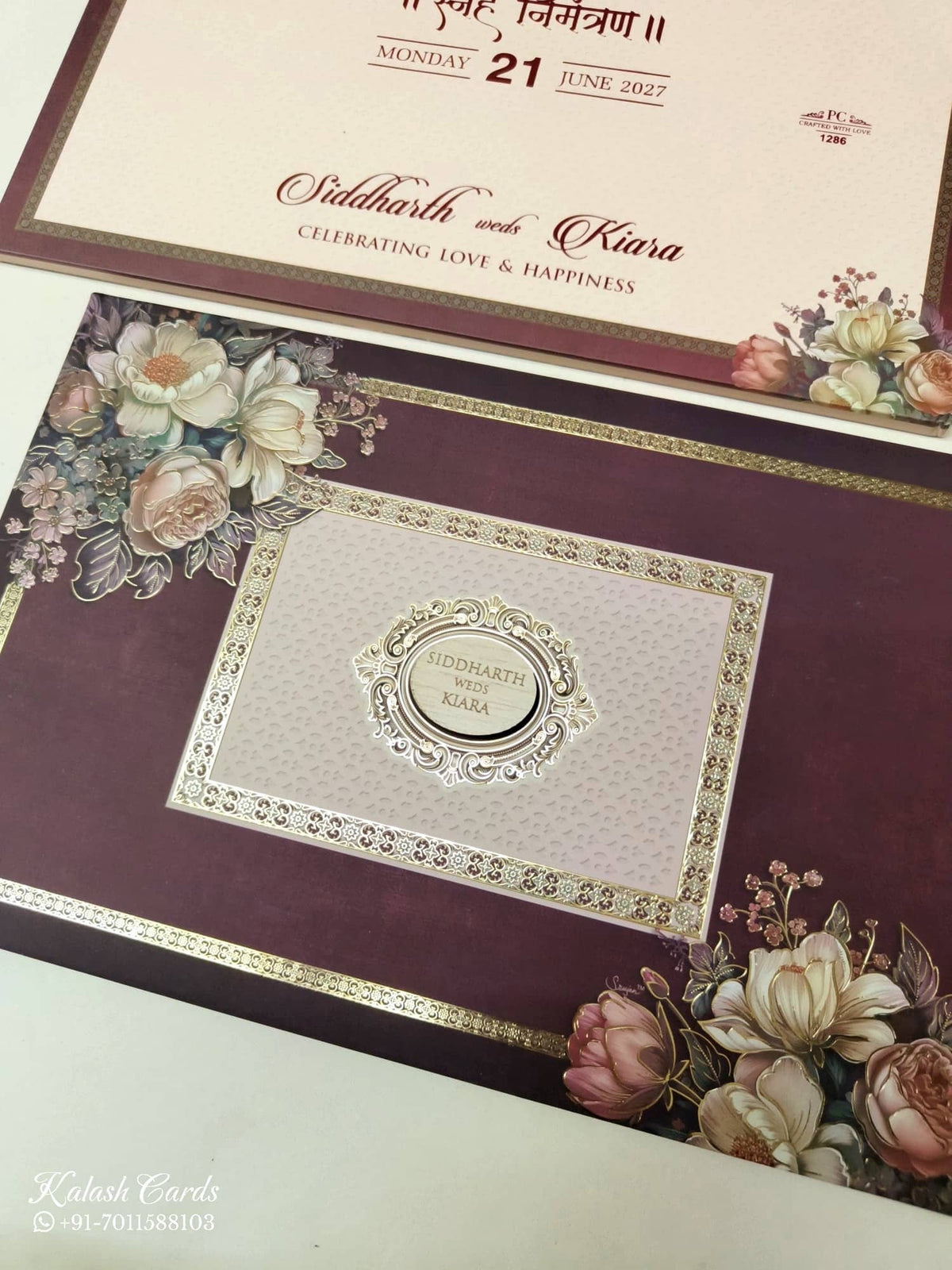 KLB945 Maroon Floral Padded Thick Wedding Card (2 Page & Couple Name Wooden Plate)-Kalash Cards