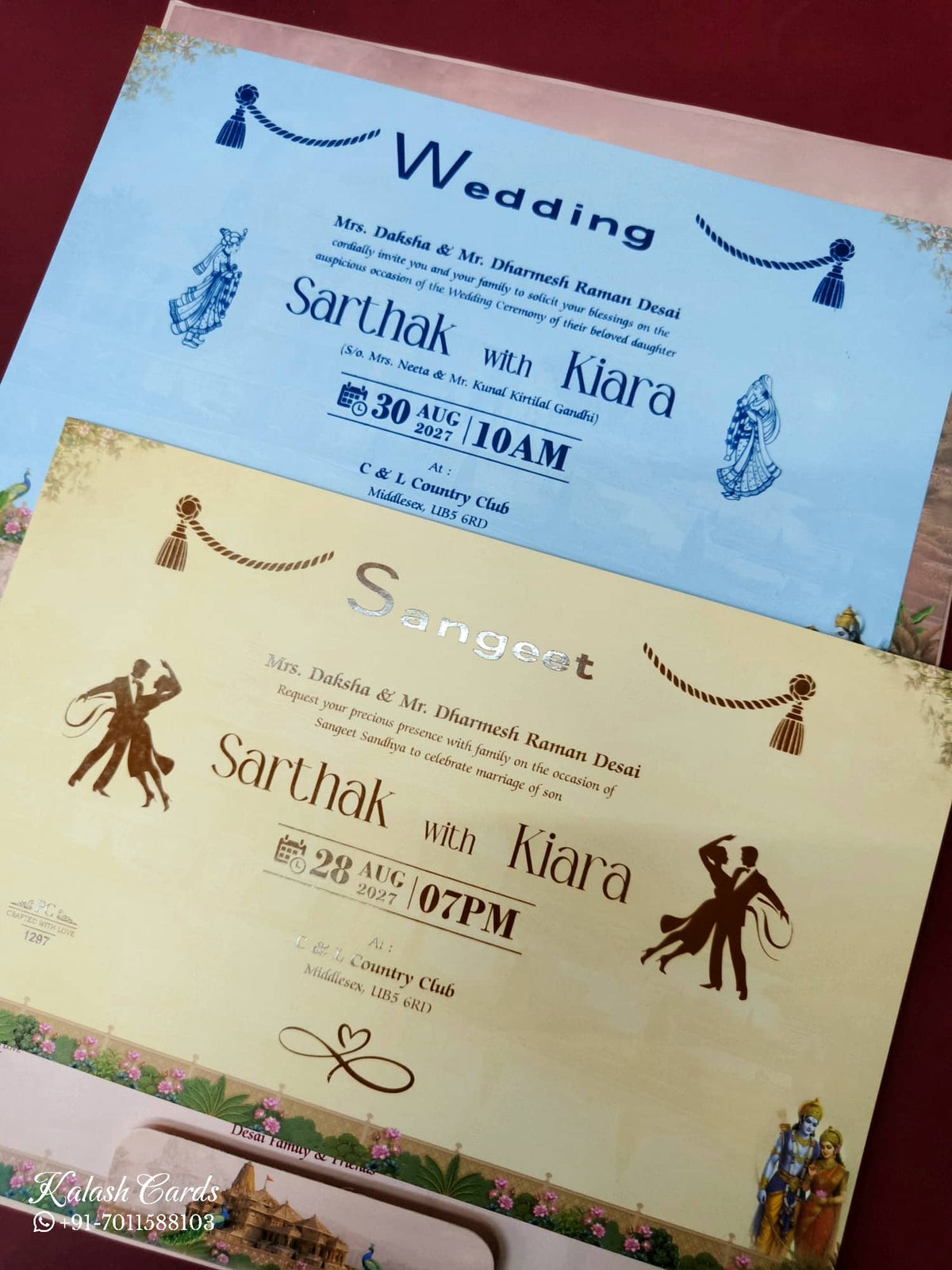KLB948 Peach Ram Sita Temple Padded Thick Wedding Card (2 Page & Couple Name Wooden Plate)-Kalash Cards
