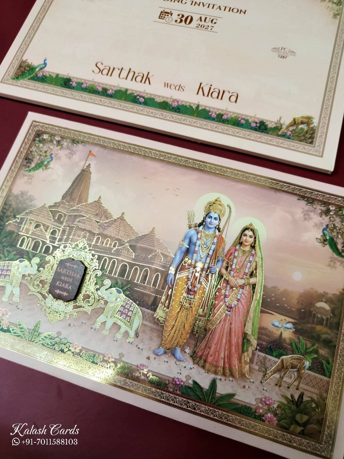 KLB948 Peach Ram Sita Temple Padded Thick Wedding Card (2 Page & Couple Name Wooden Plate)-Kalash Cards