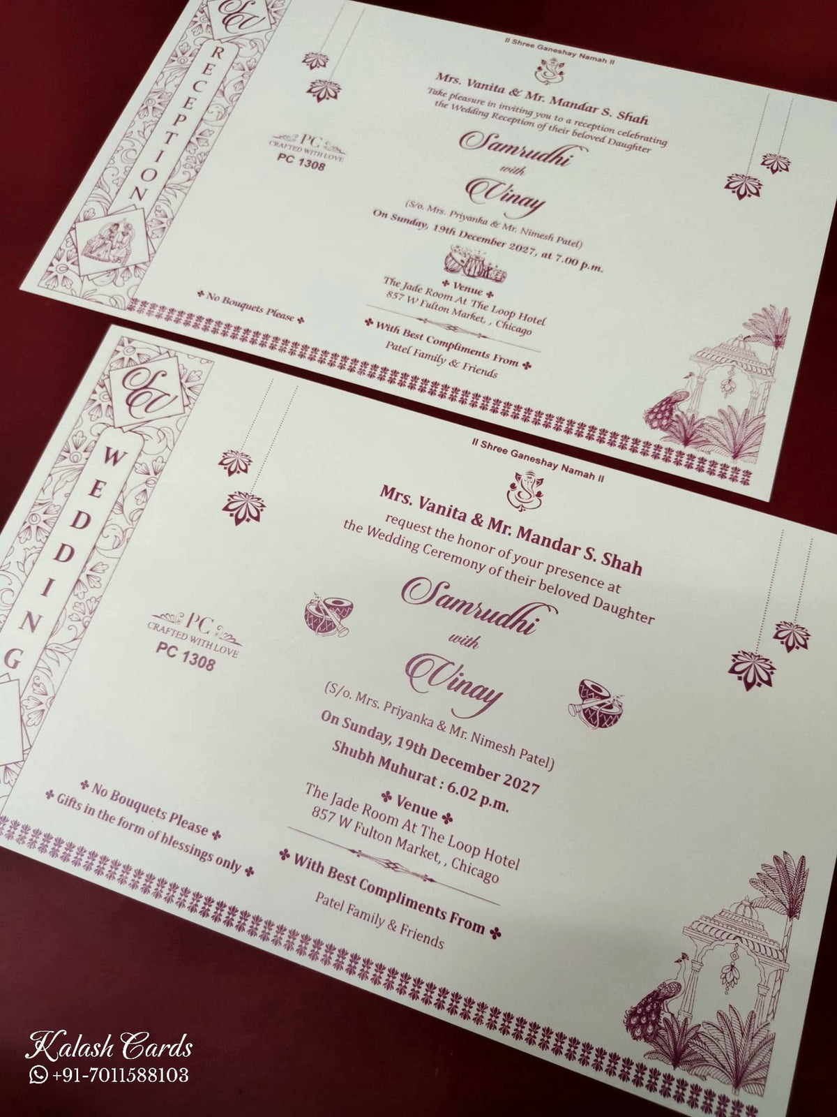 KLB949 White Royal Arch Embossed Padded Thick Wedding Card (2 Page & Couple Name Wooden Plate)-Kalash Cards