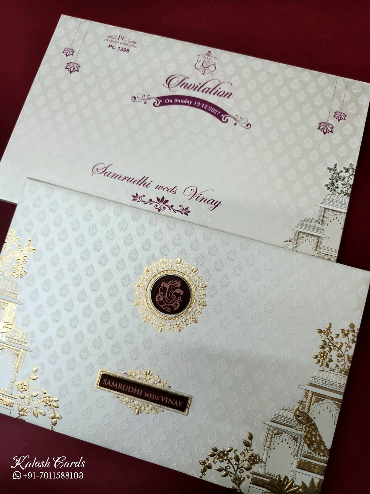 KLB949 White Royal Arch Embossed Padded Thick Wedding Card (2 Page & Couple Name Wooden Plate)-Kalash Cards