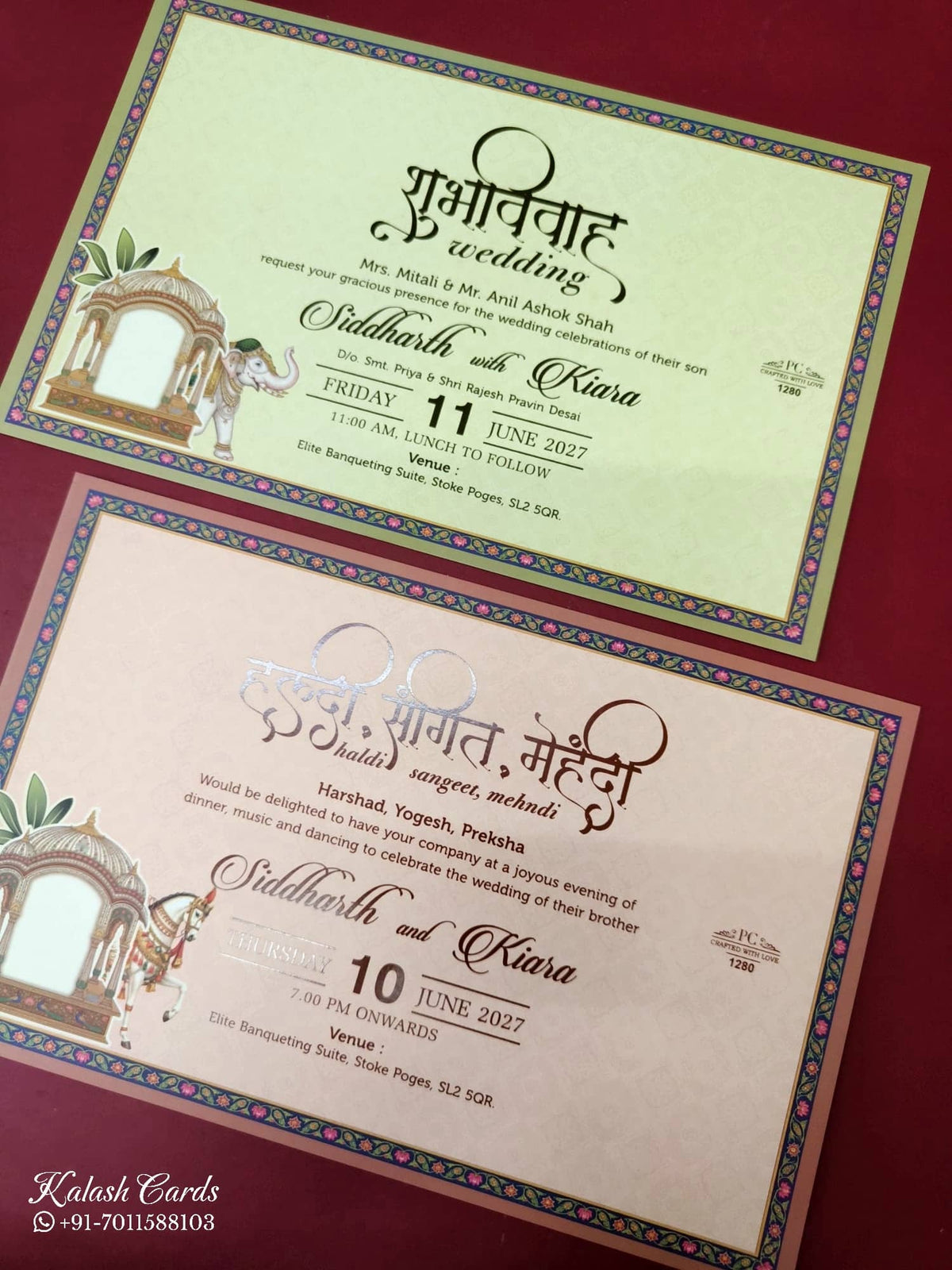 KLB952 Creme Ram Temple Padded Thick Wedding Card (2 Page & Couple Name Wooden Plate)-Kalash Cards