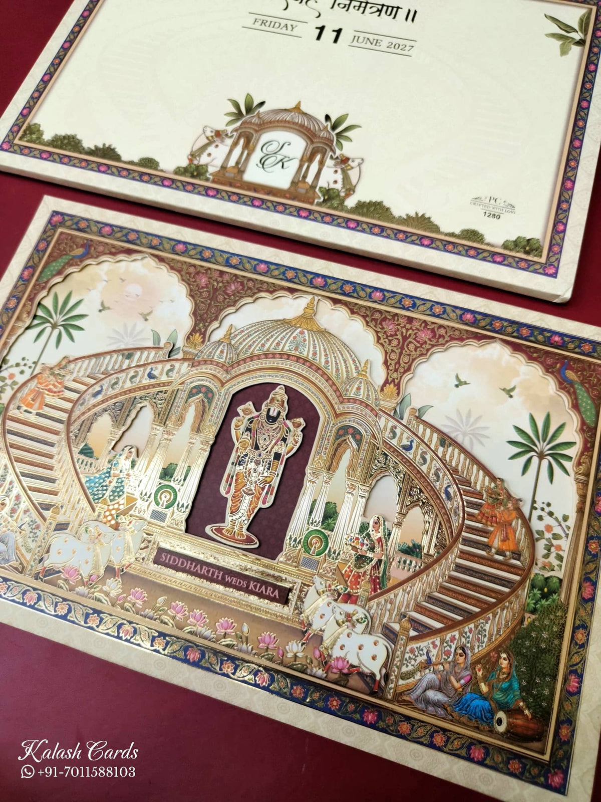 KLB952 Creme Ram Temple Padded Thick Wedding Card (2 Page & Couple Name Wooden Plate)-Kalash Cards