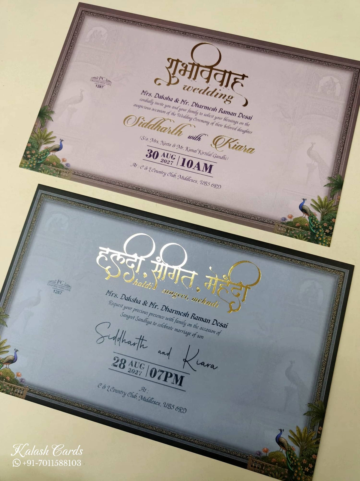 KLB953 Blue Bride Groom Laser Cut Padded Thick Wedding Card (2 Page & Couple Name Wooden Plate)-Kalash Cards