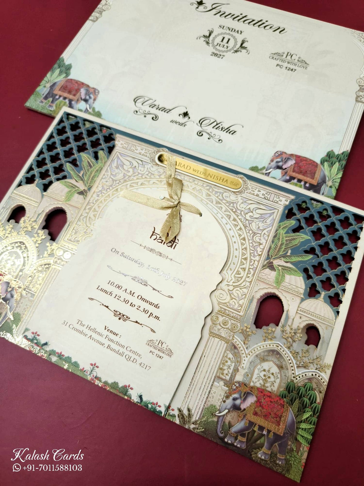 KLB-957 Creme Blue Elephant Laser Cut MDF Thick Wedding Card (2 Page)-Kalash Cards