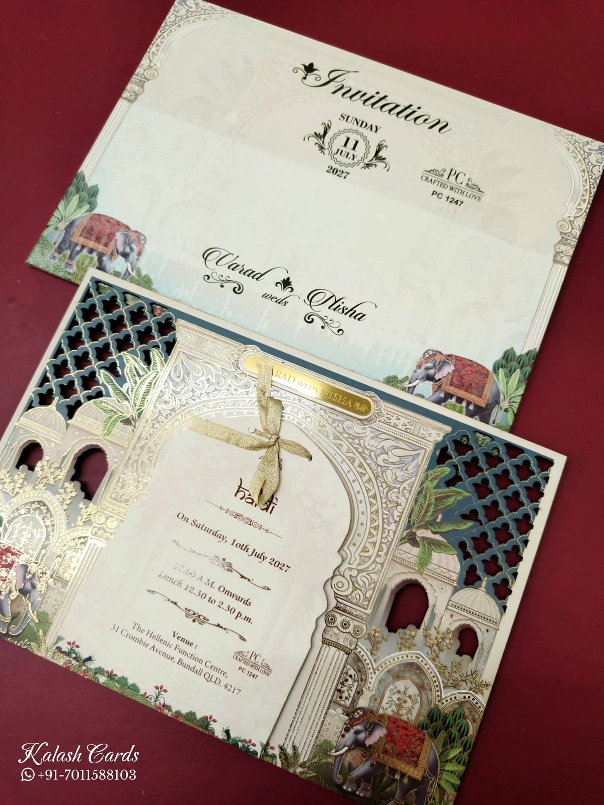 KLB-957 Creme Blue Elephant Laser Cut MDF Thick Wedding Card (2 Page)-Kalash Cards
